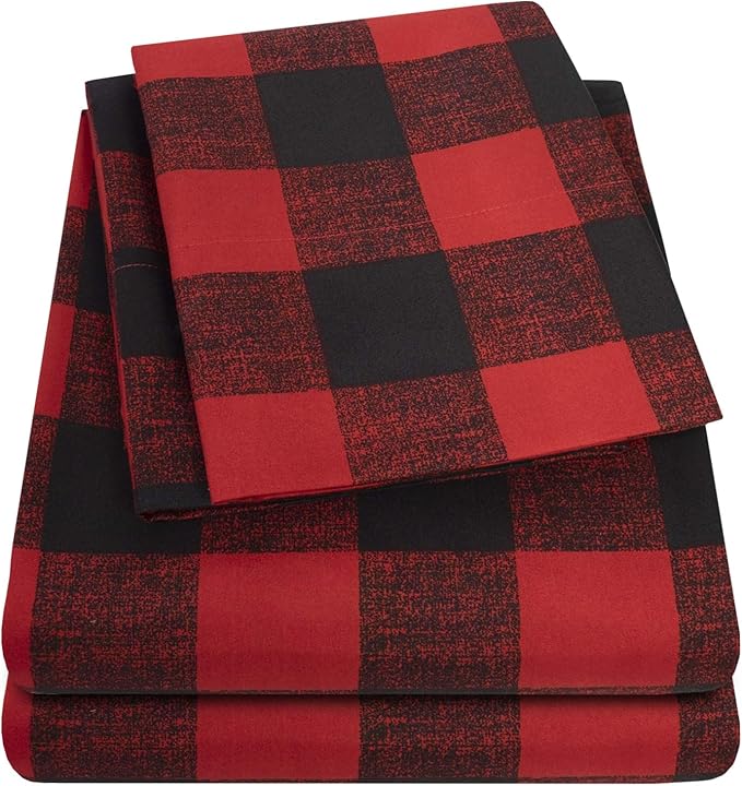 1800 Thread Count Sheet Set – Soft Egyptian Quality Brushed Microfiber Sheets – Luxury Bedding Set with Flat Sheet, Fitted Sheet, Pillow Cases, Full, Buffalo Check Burgundy, Sheet Set
