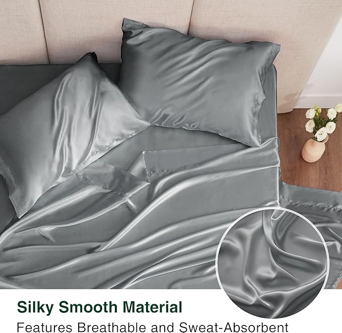 Love's cabin Full Size Satin Sheet Sets - 4 Piece Dark Grey Silky Sheet with Deep Pocket, Luxury Silk Feel Satin Bed Sheets Full Bedding Set (1 Flat Sheet,1 Fitted Sheet,2 Pillow Cases)