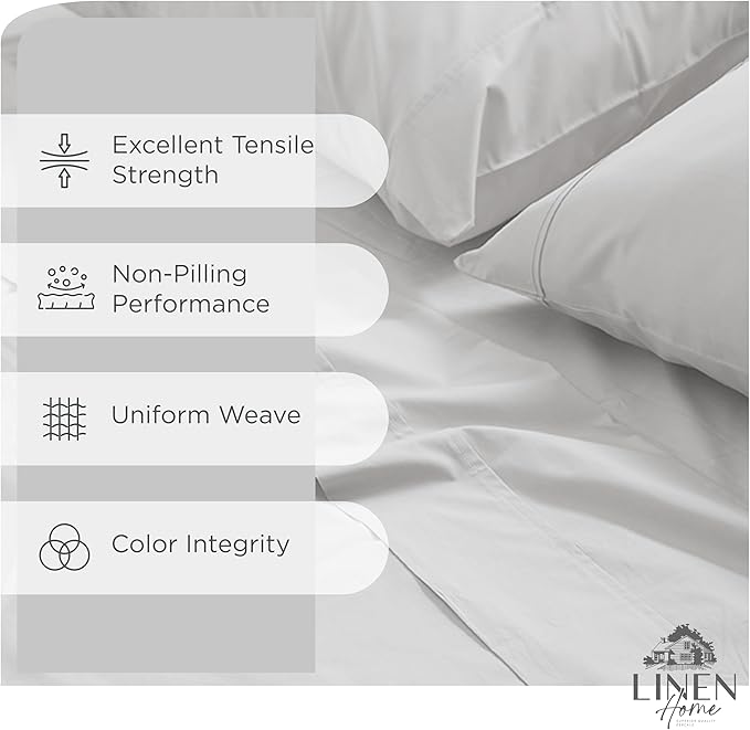 Linen Home 100% Cotton Percale Sheet Set Pack of 2, King Size, Silver, Deep Pocket, 8 Pieces Set - 2 Flat, 2 Deep Pocket Fitted Sheet and 4 Pillowcases, Crisp Cool and Strong Bed Linen