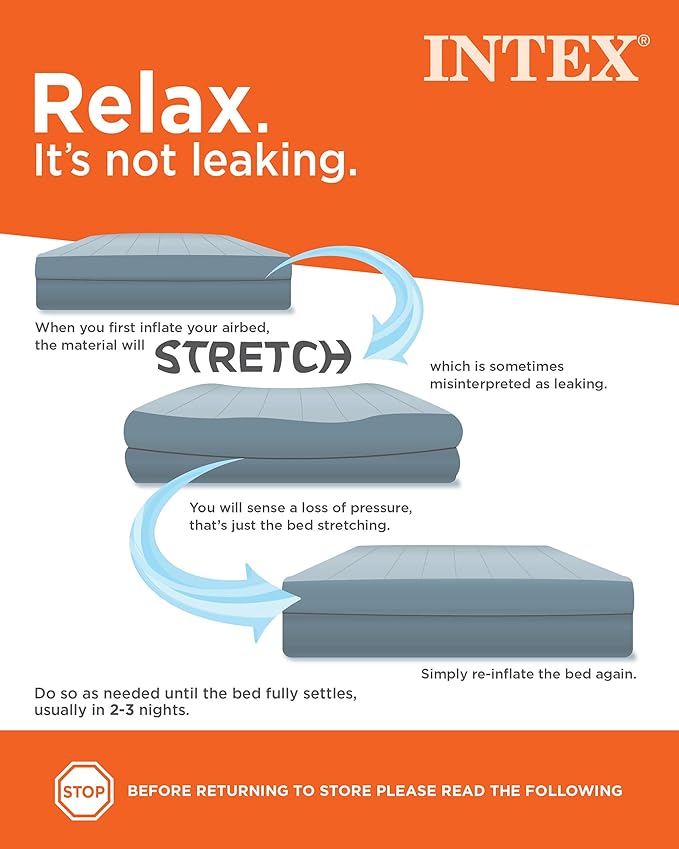 Intex 64159E Dura-Beam Plus Mid-Rise Air Mattress: Fiber-Tech - Queen Size - Built-in USB Electric Pump - 14in Bed Height - 600lb Weight Capacity
