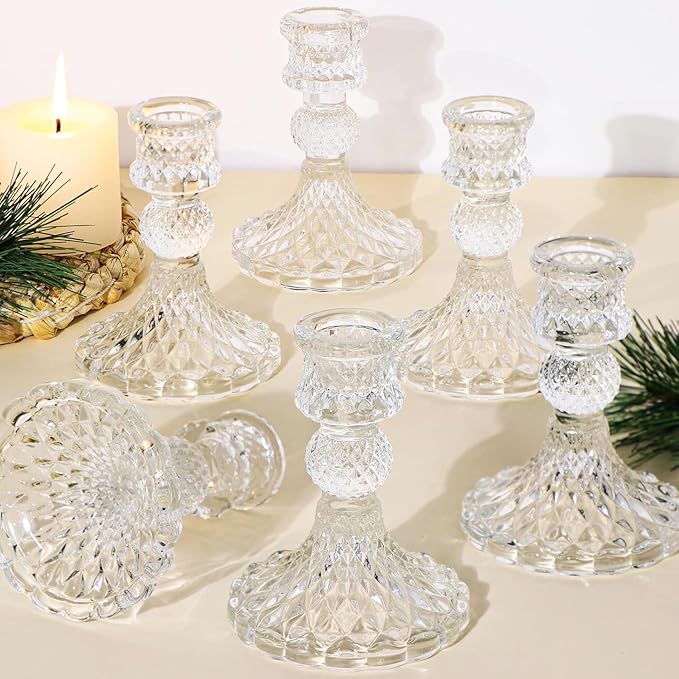 Glass Candle Holder Set of 6, Clear Candlestick Holder & Vintage Candlestick Holder, Taper Candle Holder for Table Centerpieces, Fall, Christmas, Autumn, Thanksgiving Decor
