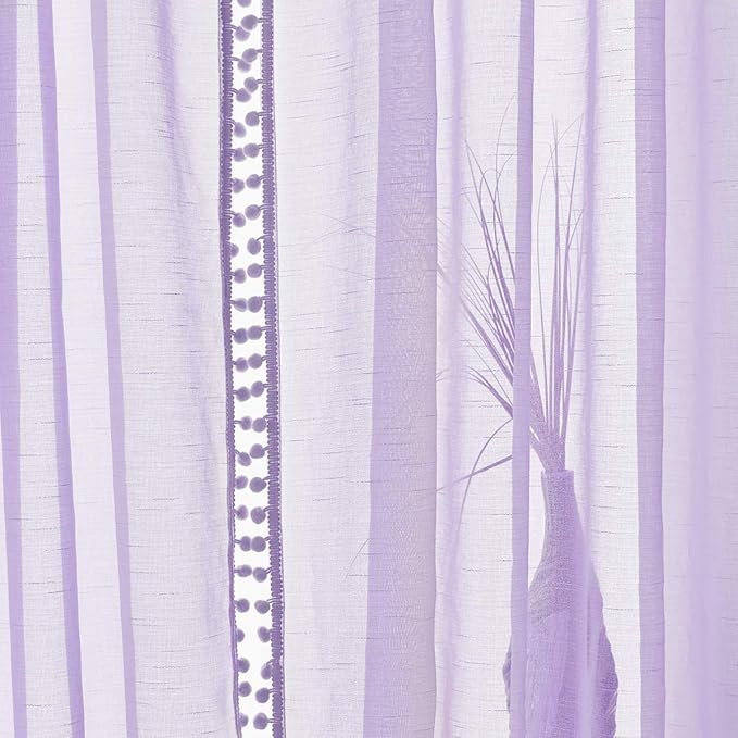 Treatmentex Pom-Pom Sheer Curtains for Kid's Room, 63" Linen Textured Volie Window Curtain Panels Lilac 52" w 1 Pair