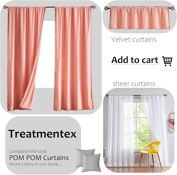 Treatmentex Pom-pom Sheer Curtains for Living Room, 84 inch Long Yellow Curtain Drapes for Kids Room 2 Panels Rod Pocket