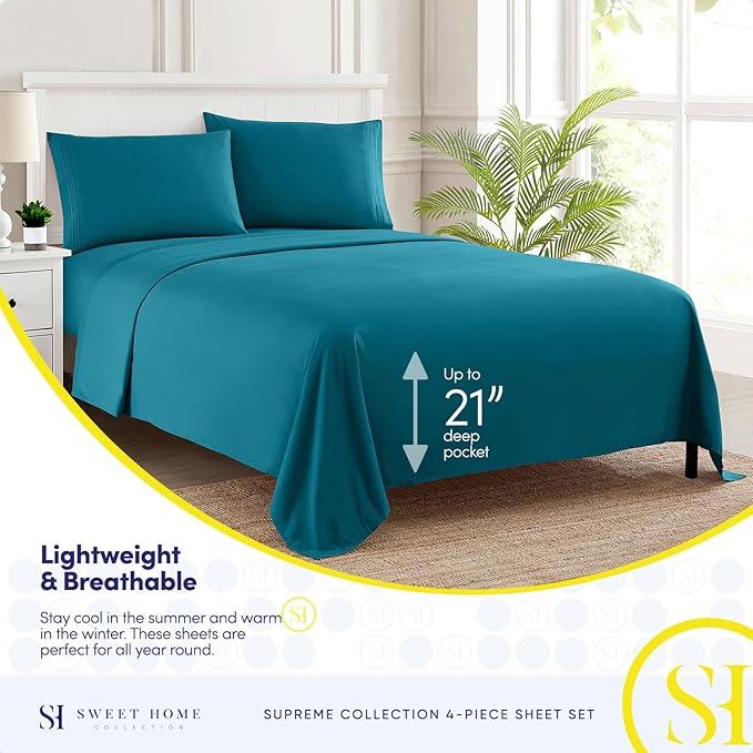 California King Sheet Sets - Breathable Luxury Sheets with Full Elastic & Secure Corner Straps Built In - 1800 Supreme Collection Deep Pocket Bedding, Sheet Set, EXTRA DEEP pocket - Cal King, Teal