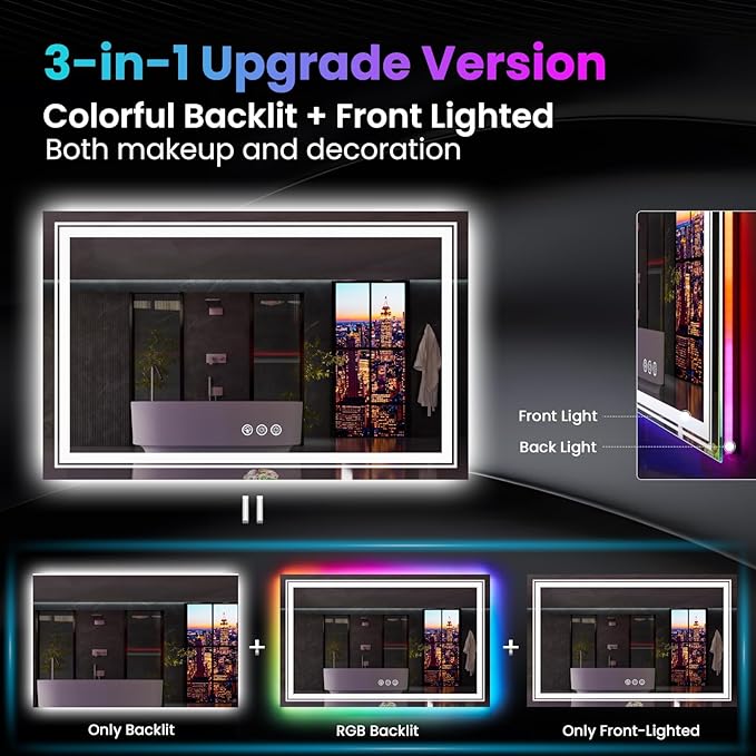 LED Mirror for Bathroom, 55"X30" with 8 RGB Backlit +3 Front Lit (Adjustable Individually), Anti-Fog, Large Lighted Bathroom Vanity Mirror for Wall,Shatterproof,Memory Function,Tempered Glass