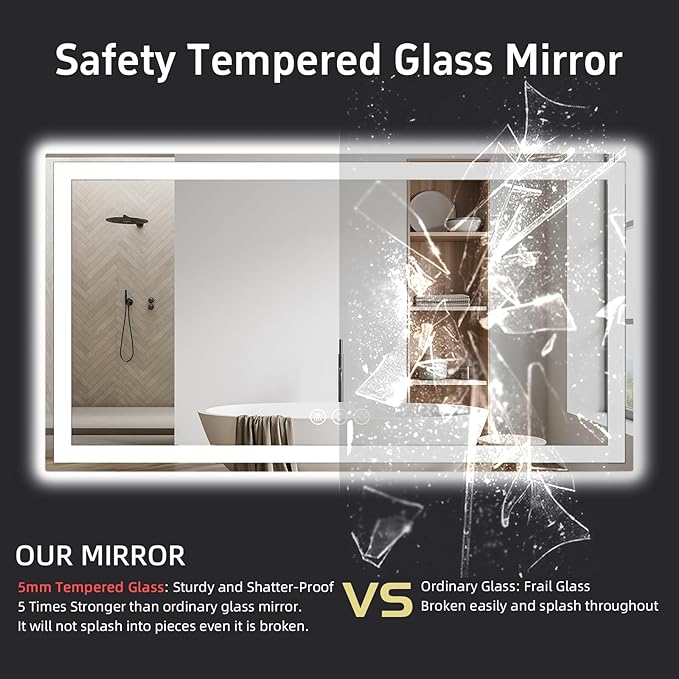 60"x 40" LED Bathroom Mirror with Lights, Front and Backlight, Dimmable Smart Mirror Bathroom, Anti-Fog, 3 Colors Lighted Bathroom Vanity Mirror for Wall Tempered Glass (Horizontal/Vertical)