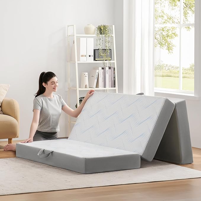 Foldable Mattress Single 4 inch -Portable White Memory Foam Folding Matress with Washable Cover for Camping Travel Guest Room Home Use-Non-Slip&Easy Storage