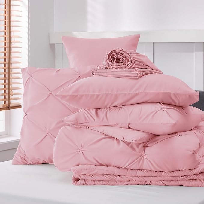 Bedsure Queen Comforter Set Baby Pink - Bed in a Bag Queen Size Bedding 7 Pieces, GentleSoft™ Pintuck Bed Set Gift for Family, Pinch Pleat All Season Comforter with Sheets, Pillowcases & Shams