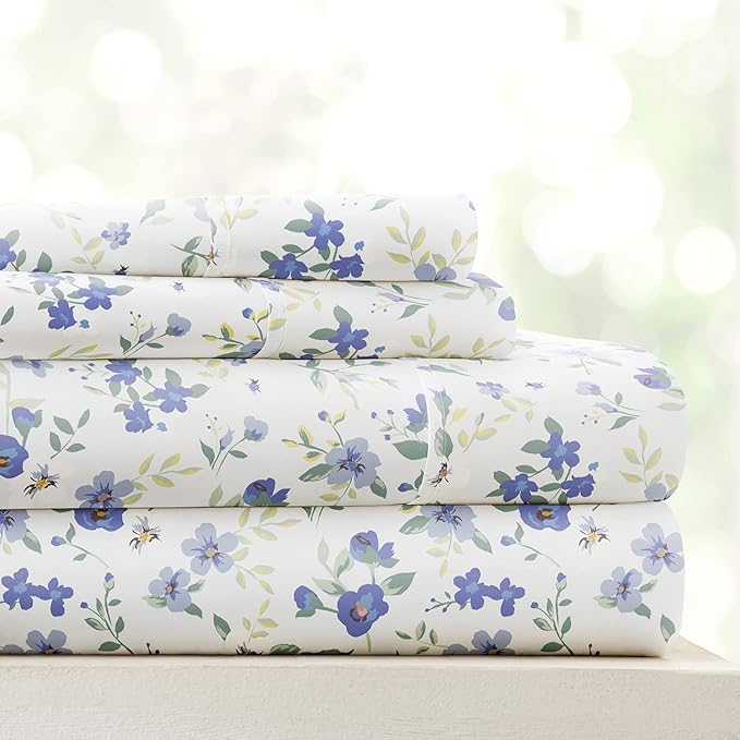 Linen Market Double-Brushed Patterned Microfiber Full Sheet Set 4 Piece – Oeko-TEX Certified Ultra Soft & Wrinkle-Free - 16" Deep Pocket Sheets - Easy Care Full Size - Blossoms Light Blue