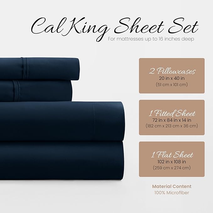 Linen Market Double-Brushed Microfiber California King Sheet Set 4 Piece – Oeko-TEX Certified Ultra Soft & Wrinkle-Free - 16" Deep Pocket Sheets Easy Care Cal-King Size - Navy