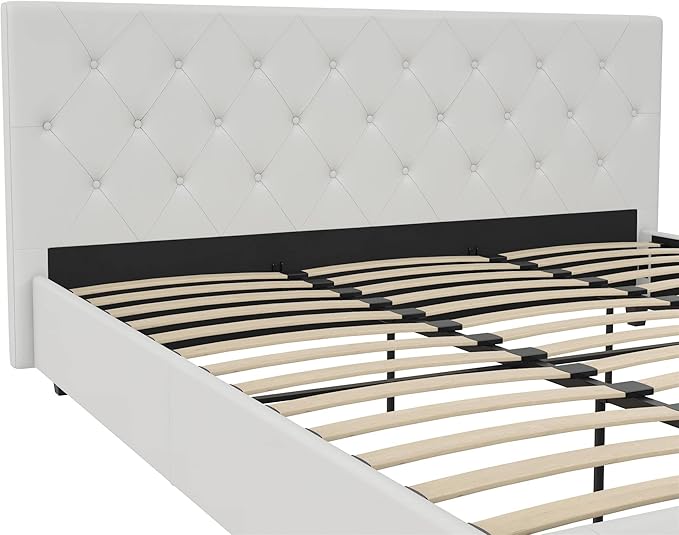 DHP Dakota Upholstered Platform Bed with Diamond Button Tufted Headboard and Footboard, No Box Spring Needed, King, White Faux Leather
