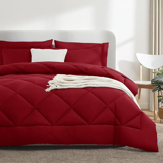 CozyLux Full Size Comforter Sets Dark Red - 7 Pieces Bed in a Bag Full, Luxury Soft Bed Set for All Seasons, Bedding Set with Down Alternative Comforter, Sheets, Pillowcases & Shams