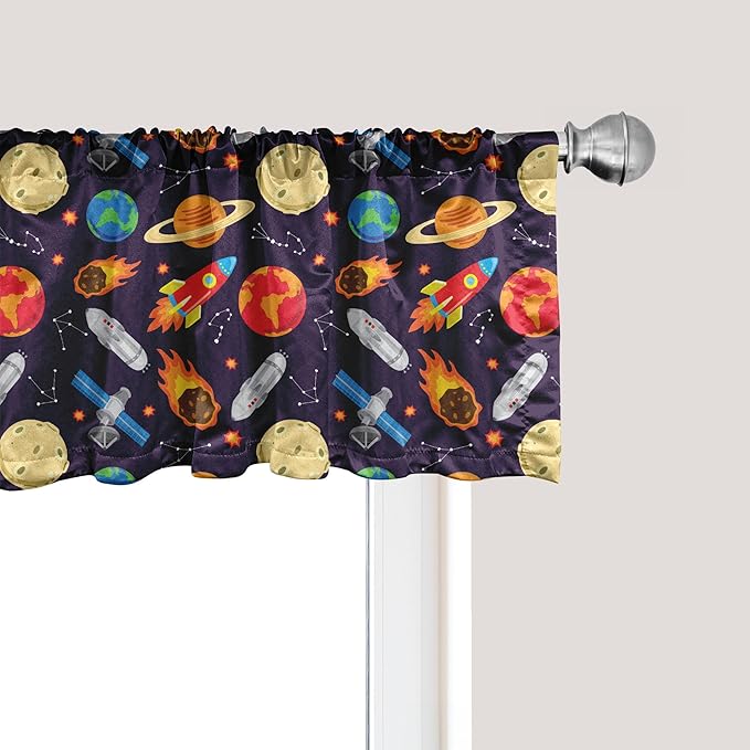Ambesonne Space Window Valance, Universe Themed Illustration with Earth Moon Constellations Saturn Rockets Stars, Curtain Valance for Kitchen Bedroom Decor with Rod Pocket, 42" x 18", Dark Night Blue