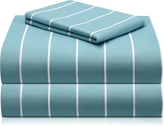 LuxClub Striped Sheets, 3 PC Striped Bed Sheets Twin Size, Deep Pockets Wrinkle Free-Kids-Fitted Sheets Machine Washable Hotel Bedding (Twin, Light Blue)