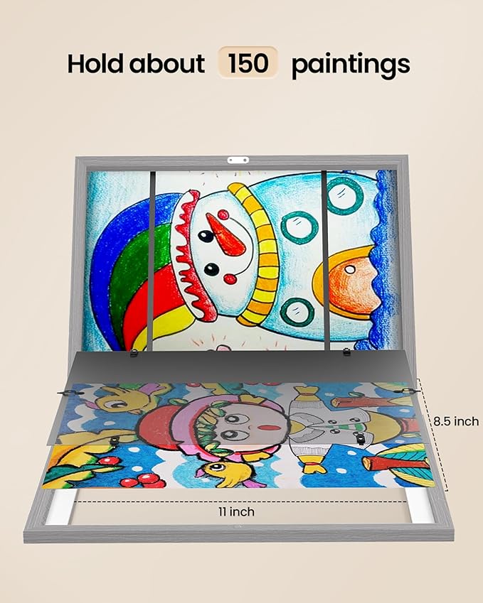 BAIJIALI 2 Packs Grey Kids Art Frames for Kids Artwork Frames Changeable Display 8.5x11 with Mat or 9x12 without Mat,Picture Frame for Kids Artwork Front Opening Holds 150 Horizontal &Vertical For