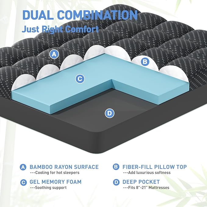 Dual Layer 3 Inch Memory Foam Mattress Topper Twin Size, 2 Inch Cooling Gel Memory Foam Plus 1 Inch Pillow Top Mattress Pad Cover, with 8-21 Inch Deep Pocket, Black
