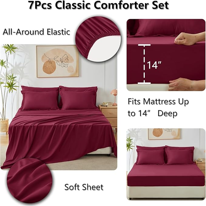 CozyLux Queen Comforter Set Burgundy - Bed in a Bag Queen Size 7 Pieces, Luxury Soft Bed Set for All Seasons, Bedding Set with Down Alternative Comforter, Sheets, Pillowcases & Shams, Red