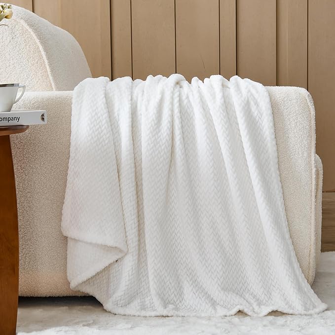 NEWCOSPLAY Super Soft Throw Blanket White Premium Silky Flannel Fleece Leaves Pattern Lightweight Bed Blanket All Season Use (White, Throw(50"x60"))