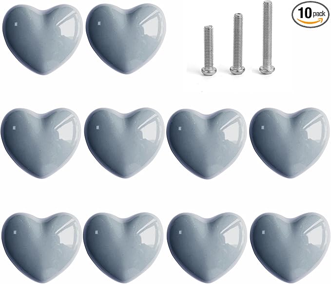 Ceramic Drawer Knobs Heart Shape Cabinet Dresser Pulls Handles with 3 Sized Screws, Kitchen Furniture Knobs for Closet Cupboard Wardrobe (Grey, 10 Pack)