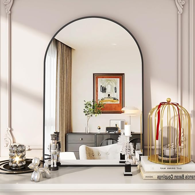 VooBang Arched Wall Mirror, 24 x 36 inch Arch Bathroom Mirror, Wall Mounted Vanity Mirror with Arch Metal Frame, Modern Bathroom Vanity Mirror for Bedroom, Living Room, Hanging or Leaning, Black