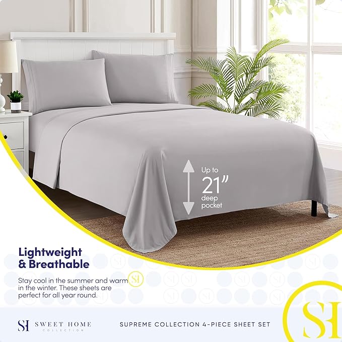 Queen Size Bed Sheets - Breathable Luxury Sheets with Full Elastic & Secure Corner Straps Built In - 1800 Supreme Collection Soft Deep Pocket Bedding, Sheet Set, EXTRA DEEP pocket - Queen, Silver