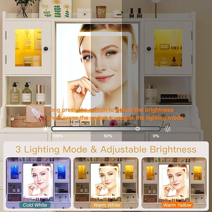 Quimoo Vanity Desk with Lighted Mirror & Power Outlet, 3 Color Modes & Adjustable Brightness, Makeup Vanity Table with 5 Drawers, 2 cabinets, 2 RGB cabinets, for Bedroom, White