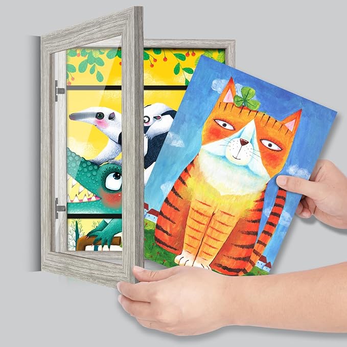 [3-Pack] Kids Art Frames, 8.5x11 Front Opening Kids Artwork Frames Changeable, Grey Wood Grain Artwork Display Storage Frame for Wall, Holds 50 Pcs, for 3D Picture, Crafts, Children Drawing, Hanging