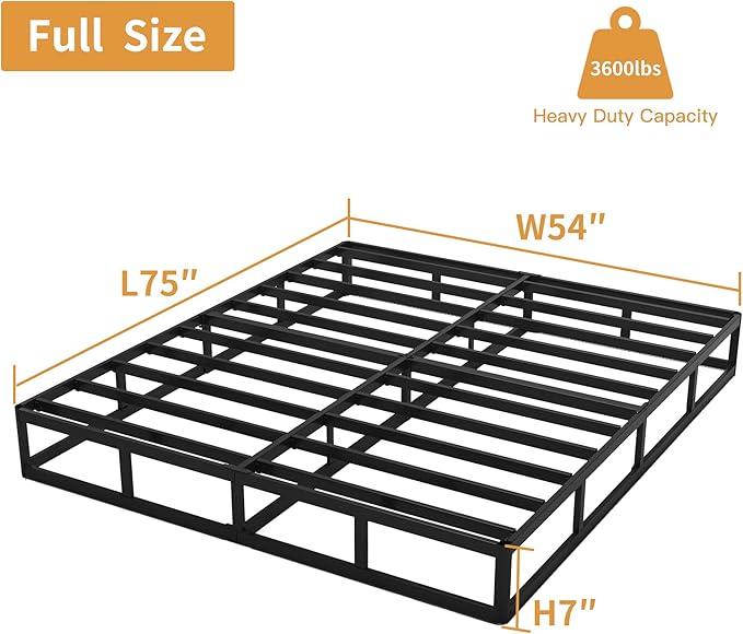 Full Size Box Spring, 7 Inch Full Size Box Spring Only, 3000 lbs Heavy Duty Metal Frame Mattress Foundation with Fabric Cover, Easy Assembly-Noise Free