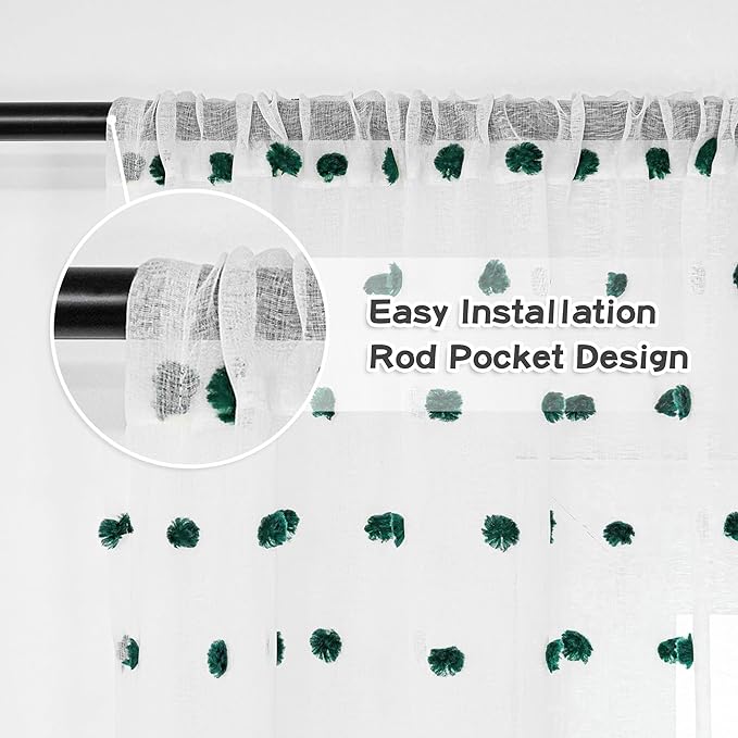 MYSKY HOME Short Christmas Curtains for Small Window - 45 Inch Long Kitchen & Bedroom Sheer Curtains - Hunter Green & White Pom Pom Panels - 2 Sets 52 x 45 Inch