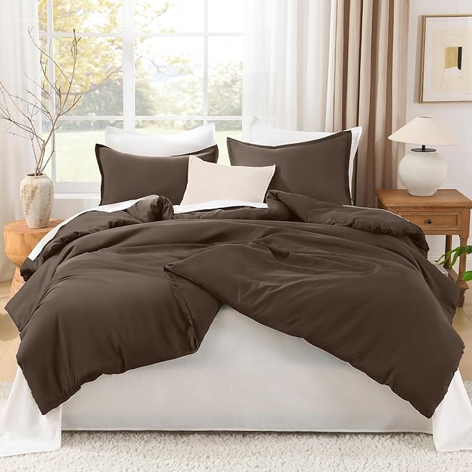 Litanika Comforters Chocolate Super King Size, 3 Pieces Lightweight Solid Bedding Set & Collections, All Season Fluffy Bed Set (120x120In Comforter & 2 Pillowcases)
