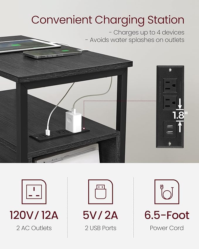 VASAGLE Side End Table with Charging Station, Slim Nightstand with 2 Drawers, Narrow Bedside Table for Living Room, Small Spaces, Charcoal Gray and Ink Black ULET321B22
