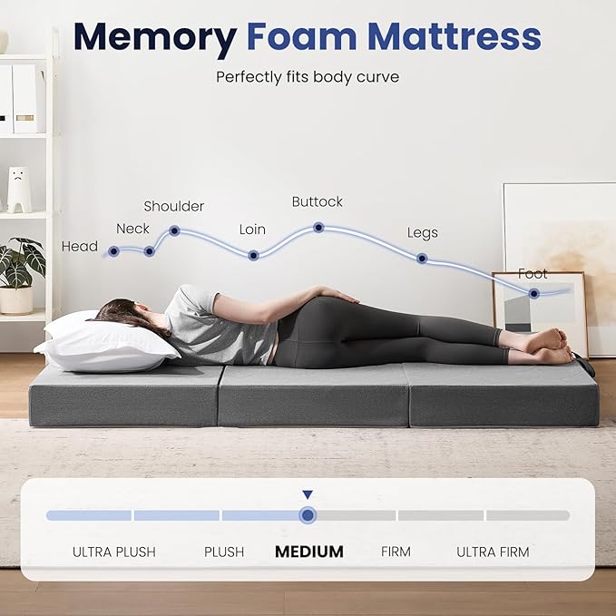 Foldable Mattress Queen 6 inch -Portable Grey Memory Foam Folding Matress with Washable Cover for Camping Travel Guest Room Home Use-Non-Slip&Easy Storage