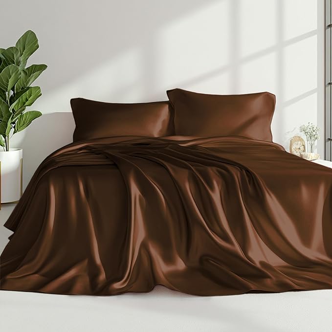 Love's cabin 4Piece California King Satin Bed Linen Set, Brown Silky Satin Sheets, Deep Pocket, Luxury Silk Feel, 1 Flat, 1 Fitted Sheet, 2 Pillow Cases