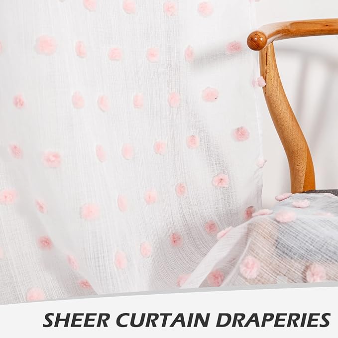 MYSKY HOME Pink Curtains for Girls Bedroom Nursery Pom Pom Curains for Girls Kids Room 63 Inch Long White Sheer Curtains for Dining Room Playroom Rod Pocket Window 38" x 63" 2 Pieces