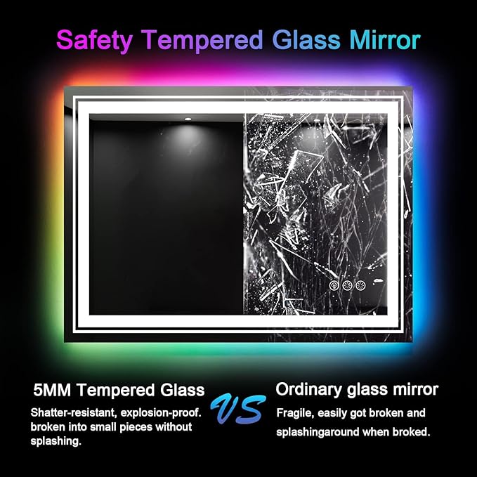 LED Mirror for Bathroom, 40"X30" with 8 RGB Backlit +3 Front Lit (Adjustable Individually), Anti-Fog, Lighted Bathroom Vanity Mirror for Wall, Shatterproof, Memory Function, Tempered Glass