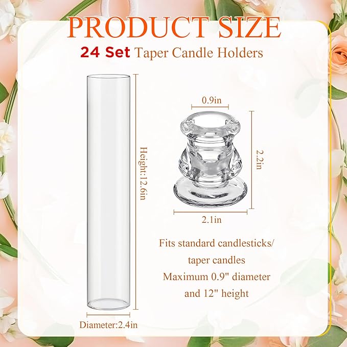 24 Set Christmas Glass Hurricane Candle Holders 12.6" Open Ended Glass Candleholder Tube Shape Bottomless and 2.2" Taper Clear Candlestick Holders for Wedding Party Table Centerpiece (Clear)