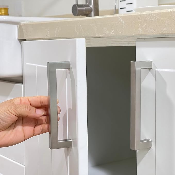 Cabinet Pulls Brushed Nickel Cabinet Handles Square Drawer Pulls, 50 Pack 6-1/4 Inch Stainless Steel Kitchen Door Cupboard Cabinet Handles, Cabinet Hardware Drawer Handles, 160mm Hole Centers