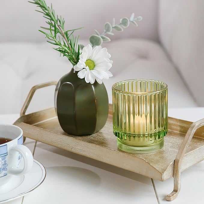 Kate Aspen Vintage Ribbed Glass Candle Holder Decor, Green Votive Candle Holders for Holiday Table Decor, Tealight Candles Holder Glass, Dinning & Christmas Table Decoration Tablescape (Pack of 36)