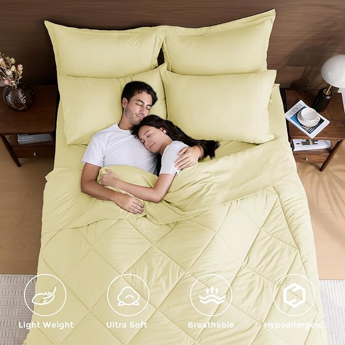 HEVUMYI Cream Yellow Full Comforter Set - 7-Piece All Season Bed in a Bag Full, Ultra Soft Bedding Set with Comforter, Flat Sheet, Fitted Sheet, Pillowcases, Pillow Shams