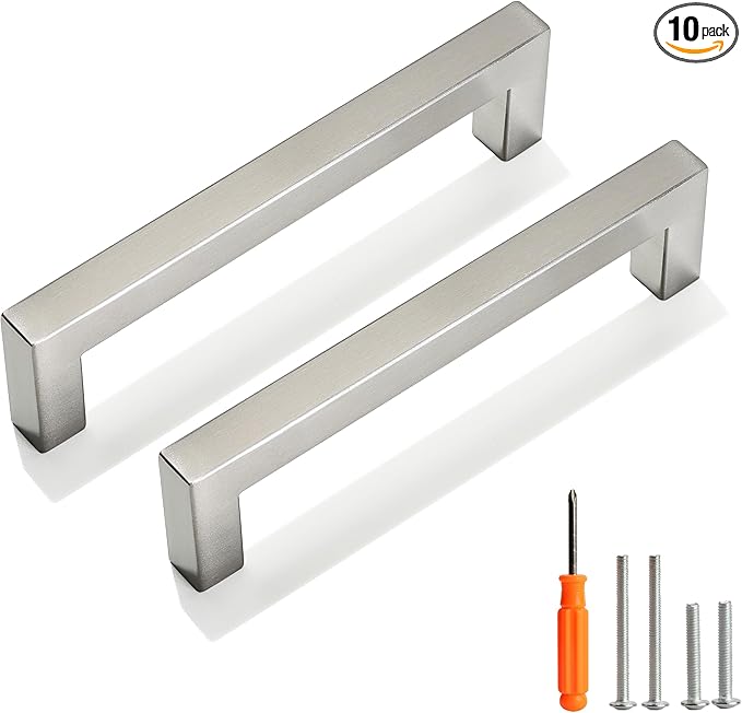 Cabinet Pulls Brushed Nickel Cabinet Handles Square Drawer Pulls, 10 Pack 5 Inch Stainless Steel Kitchen Door Cupboard Cabinet Handles, Cabinet Hardware Drawer Handles, 128mm Hole Centers