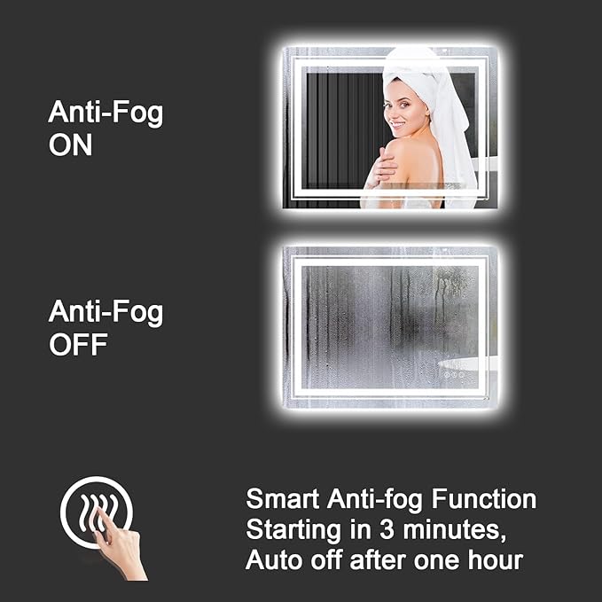 LED Bathroom Mirror, 60"x 30" with Front and Backlit, Anti-Fog, Large Bathroom Vanity Mirror for Wall, Memory Function, Stepless Dimmable, Tempered Glass (Horizontal/Vertical)