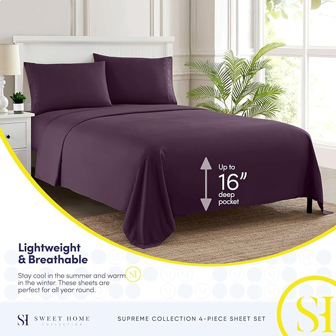 1800 Supreme Collection - Breathable Luxury Full Size Sheet Set with Full Elastic & Secure Corner Straps Built In, Extra Soft Deep Pocket Bedding, Purple