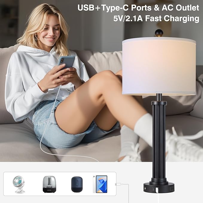 28" Tall Modern Table Lamps Set of 2 with USB C+A Ports and AC Outlet, 3 Way Touch Metal Bedside Lamps for Living Room, Black Nightstand Lamps for Bedroom