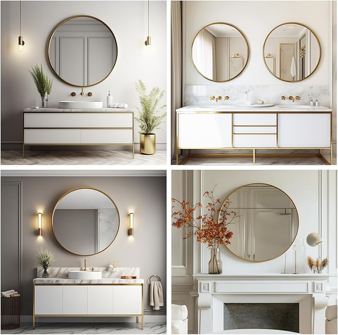 Gold Round Mirror 30 inch, Large Circle Mirror, Round Wall Mirror Metal Frame, Gold Circle Mirrors for Wall, Bathroom, Living Room, Hallway.