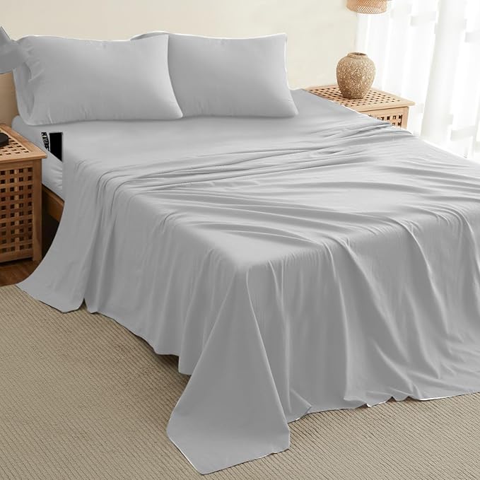 DREAMCARE Full Size Sheets – 4 pcs Cooling Sheets – up to 21” Deep Full Sheet Set – Hotel Luxury Sheets & Pillowcases – Superior Softness 100% Fine Microfiber with Side Pocket – Light Gray