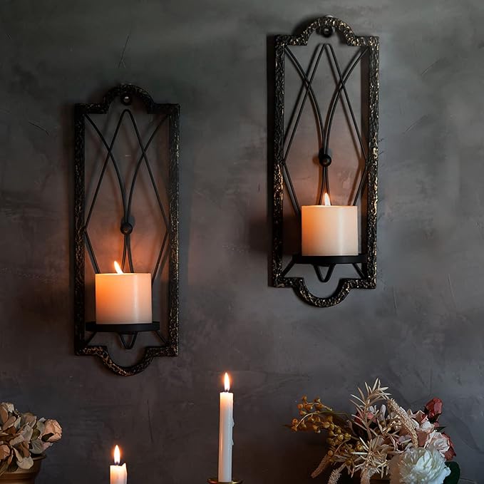 Gothic Candle Sconce Set of 2 -Gold Black Metal Wall Candle Holder-Rustic Home Deco