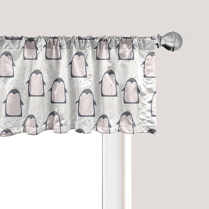Ambesonne Penguin Window Valance Pack of 2, Pastel Colored Style Cartoon Animals from Antarctica Crowns on a Dotted Background, Rod Pocket Curtain Valances for Kitchen Bedroom, 54" X 18", Grey Pink