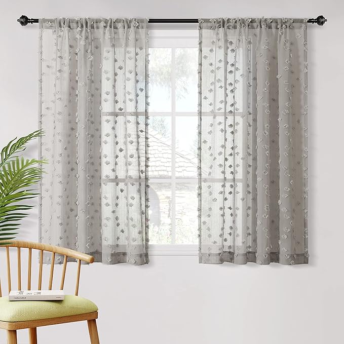 MYSKY HOME Pom Pom Grey Sheer Curtains for Bedroom Girls Room Curtains 63 inch Length for Nursery Kids Light Filtering Boho Window Drapes, Rod Pocket, 38" Wide, 2 Panels