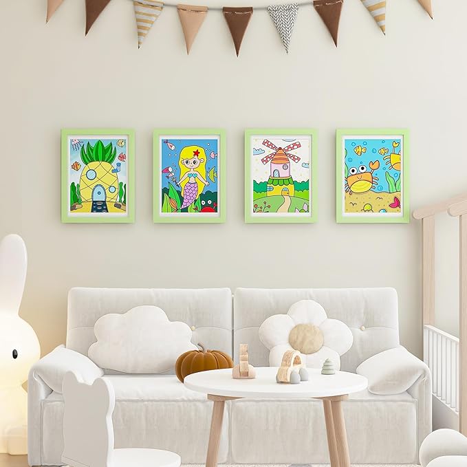 KINLINK 9x12 Kids Art Frames Set of 2, Solid Wood Kids Artwork Frames Changeable with Acrylic Front Opening Holds 150 Pictures, Art Frame for Kids Artwork with Mat or without Mat, Light Green