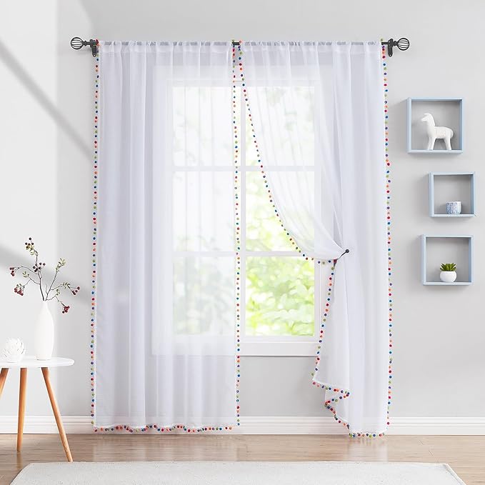 Treatmentex White Linen Sheer Curtains for Living Room 95" Long Colorful Pompoms Kids Window Draperies for Nursery Room Baby Voiles 2 Panels